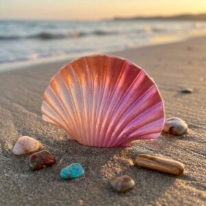 Pink and coral ombré seashell hair claw clip on sand at sunset – SunShoppers UK