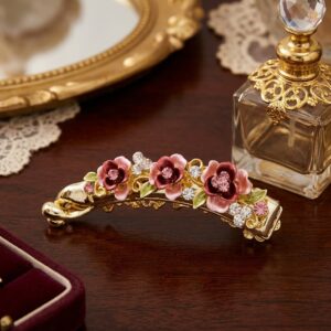 Pink and burgundy enamel floral barrette hair clip