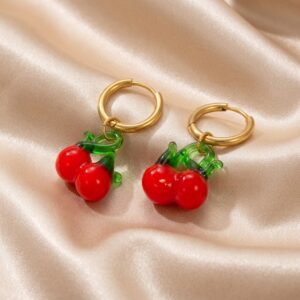 Glass cherry charm gold hoop earrings close-up