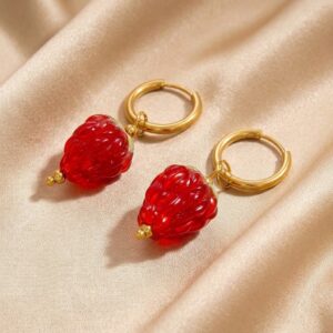 Red raspberry charm gold hoop earrings