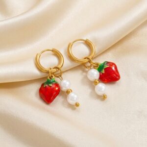 Strawberry and pearl bead drop gold hoop earrings
