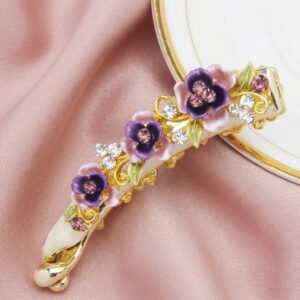 Violet and pink enamel floral barrette hair clip with crystal detailing
