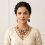 Antique gold-tone ruby red Indian necklace set with leaf design, teardrop drops and matching drop earrings on royal blue fabric