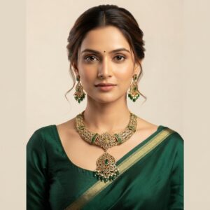 Gold-tone Indian bridal necklace set with openwork collar, green stones, pearl-effect drops and matching chandelier earrings