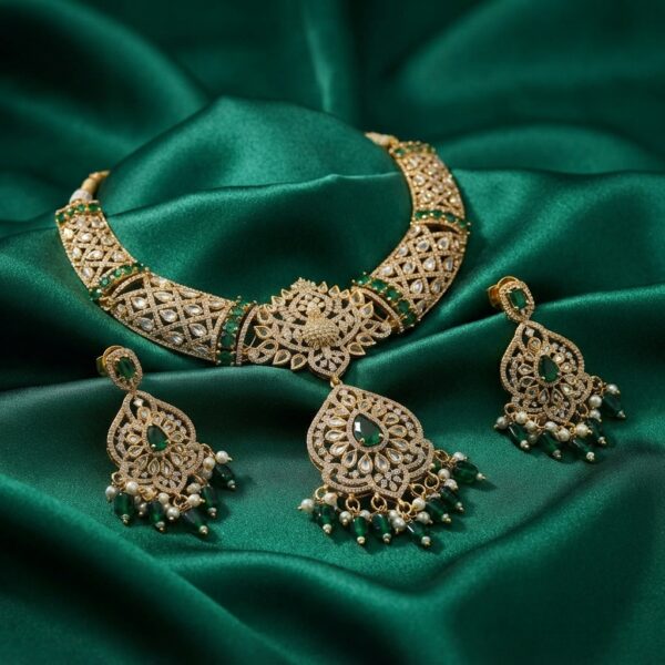 Gold-tone Indian bridal necklace set with openwork collar, green stones, pearl-effect drops and matching chandelier earrings on green fabric