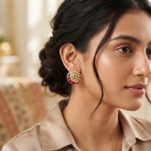 Antique gold-tone kundan style stud earrings with clear-stone flower centre, green accent and ruby-coloured crescent