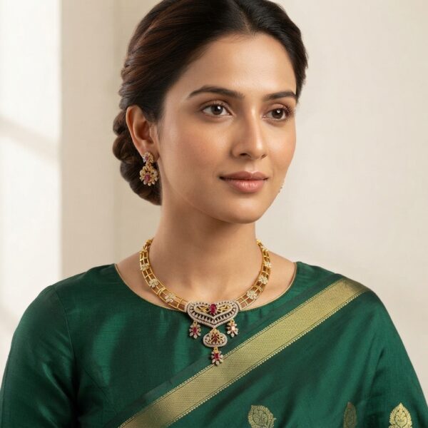 Gold-tone heart pendant necklace set with cubic zirconia, ruby-coloured stones and matching drop earrings