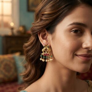 Antique gold-tone elephant earrings with ruby-coloured stones, green bead drops and faux pearl drops