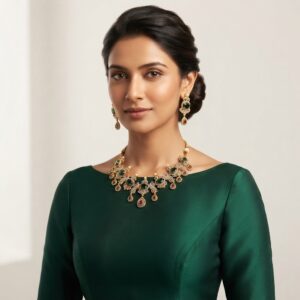 Gold-tone peacock necklace set with cubic zirconia, green and ruby-coloured stones, pearl-effect accents and matching drop earrings