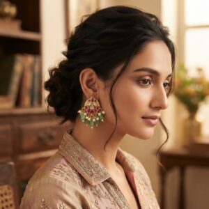 Antique gold-tone sage green earrings with ruby-coloured crescent stud, green bead fringe and faux pearl drops