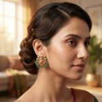 Antique gold-tone peacock stud earrings with ruby-coloured and green stones and green bead drops