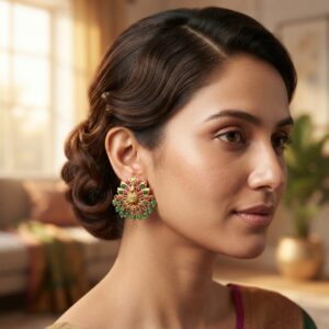 Antique gold-tone peacock stud earrings with ruby-coloured and green stones and green bead drops