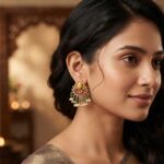 Antique gold-tone Ganesha stud earrings with ruby-coloured crescent, green beads and faux pearl drops