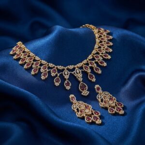 Indian bridal necklace set with teardrop cascade and chandelier earrings