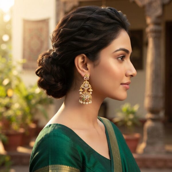 Gold-tone cubic zirconia jhumka earrings with ruby-coloured and green stones, side bells and faux pearl drops