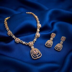American diamond-style necklace set with layered pendant and drop earrings
