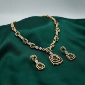American diamond-style necklace set with layered pendant and drop earrings