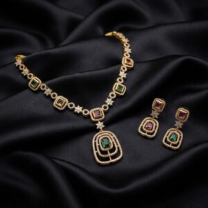 American diamond-style necklace set with layered pendant and drop earrings