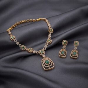 American diamond-style necklace set with layered pendant and drop earrings