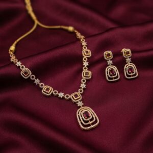 American diamond-style necklace set with layered pendant and drop earrings