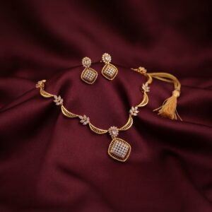 square pendant necklace set with scalloped neckline and matching drop earrings