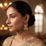 Antique gold-tone mini jhumka earrings with floral stud tops, ruby-coloured and green stones, green bead drops and faux pearls