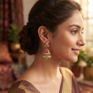 Antique gold-tone ruby red jhumka earrings with floral stud tops, lattice bells, green beads and faux pearl drops