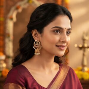 Antique gold-tone chandbali earrings with crescent frame, jhumka drop, ruby-coloured and green stones and faux pearls