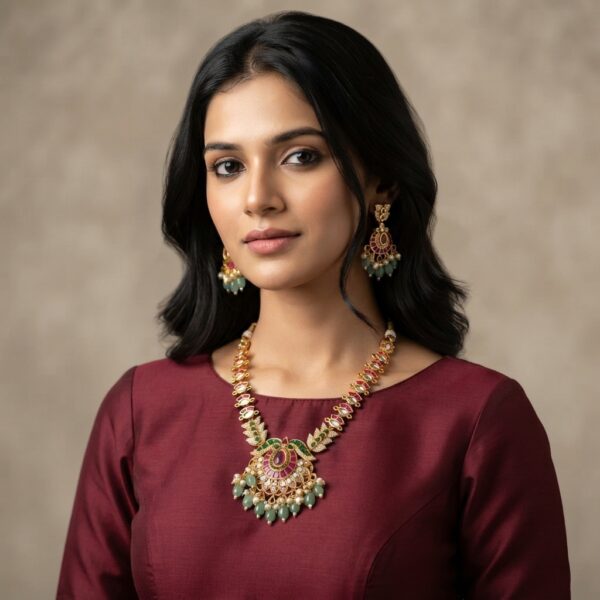 Gold-tone mint green necklace set with ruby-coloured stones, bead drops, faux pearl accents and matching chandelier earrings