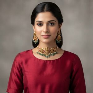 Antique gold-tone Lakshmi pendant necklace set with pink stones, green bead drops, faux pearl accents and matching chandelier earrings