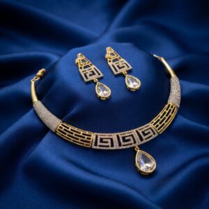 geometric choker necklace set with teardrop pendant and matching earrings