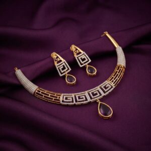 geometric choker necklace set with teardrop pendant and matching earrings