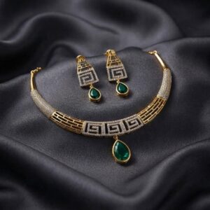 geometric choker necklace set with teardrop pendant and matching earrings