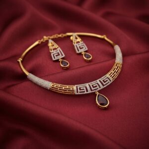 geometric choker necklace set with teardrop pendant and matching earrings