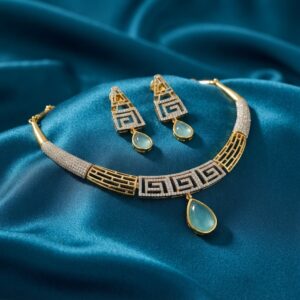 geometric choker necklace set with teardrop pendant and matching earrings