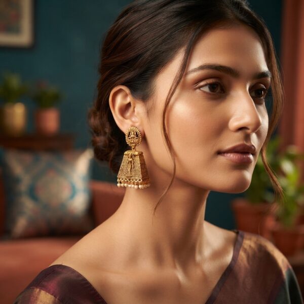 Antique gold-tone Lakshmi temple earrings with seated Lakshmi stud tops, carved tower drops and faux pearl fringe