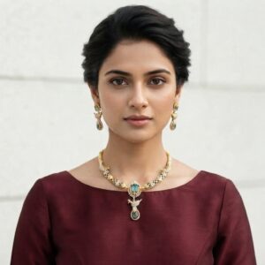 Gold-tone aqua blue necklace set with cubic zirconia, bird motif drop, aqua-coloured stones and matching drop earrings