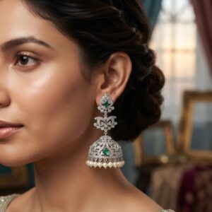 Silver-tone jhumka earrings with cubic zirconia, green teardrop stones and faux pearl drops