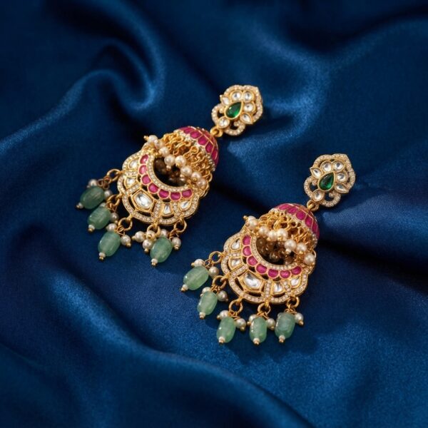 Gold-tone pink Indian statement earrings with floral stud tops, pink dome crescent frame, green bead drops and faux pearls on navy fabric