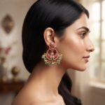 Antique gold-tone lotus earrings with ruby-coloured crescent, green bead fringe and faux pearl drops