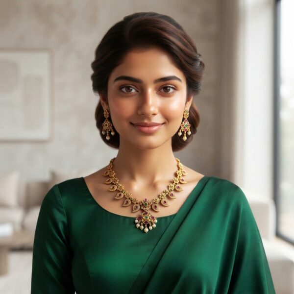 Gold-tone red and green necklace set with ruby-coloured and green stones, floral motifs, faux pearl drops and matching drop earrings