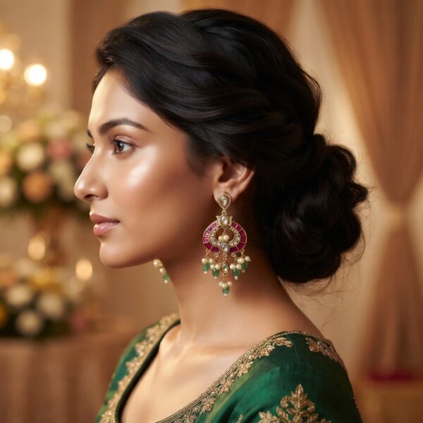 Gold-tone Indian chandelier earrings with ruby-coloured panels, clear teardrop stones, green bead fringe and faux pearl drops