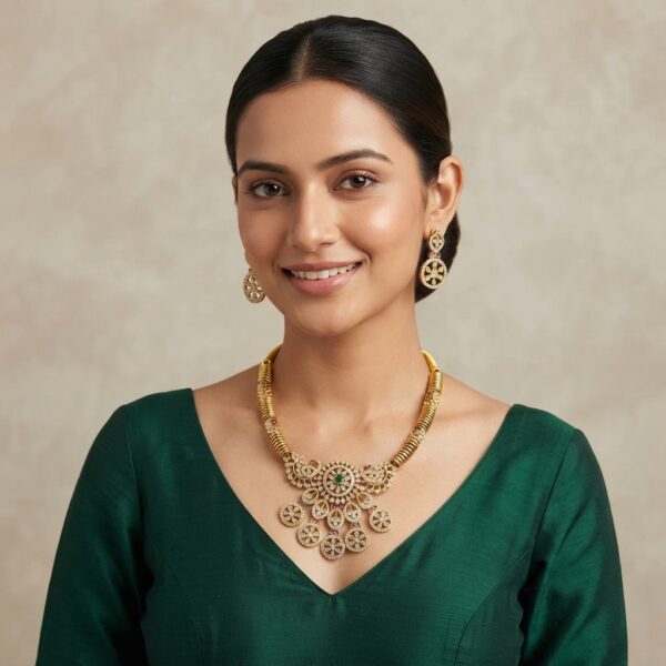 Clear gold-tone medallion necklace set with floral disc drops and matching drop earrings