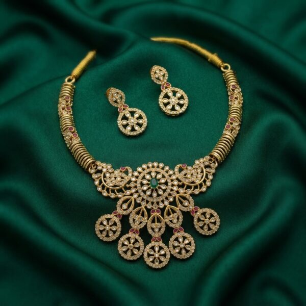 Clear gold-tone medallion necklace set with floral disc drops and matching drop earrings
