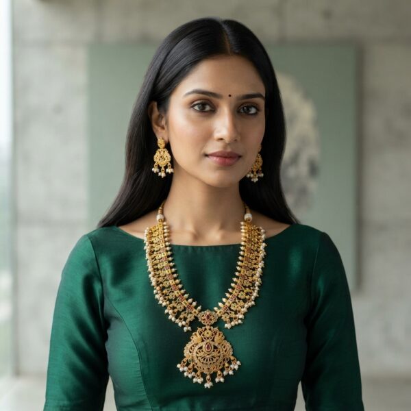 Antique gold-tone Hyderabadi necklace set with wide collar, ruby-coloured and green stones, faux pearl drops, ornate pendant and matching chandelier earrings