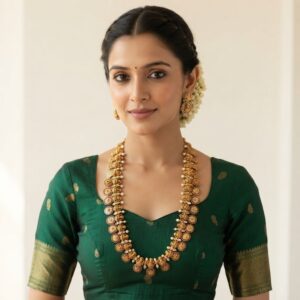 Antique gold-tone Nagas necklace set with Lakshmi motifs, ruby-coloured floral medallions, faux pearl drops and matching stud earrings