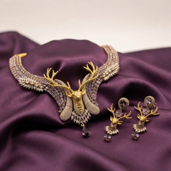 Gold-tone stag necklace set with antler centrepiece, lilac and clear stones and matching stag drop earrings on purple fabric