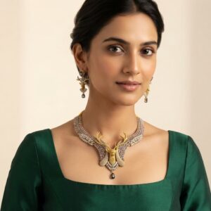 Gold-tone stag necklace set with antler centrepiece, lilac and clear stones and matching stag drop earrings
