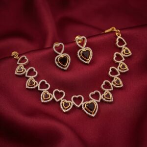 heart necklace set with American diamond-style outlines and matching heart drop earrings