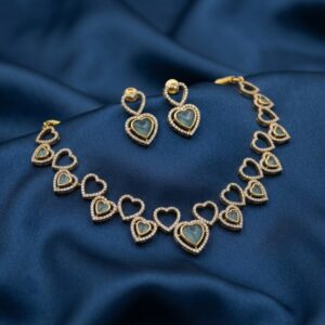 heart necklace set with American diamond-style outlines and matching heart drop earrings